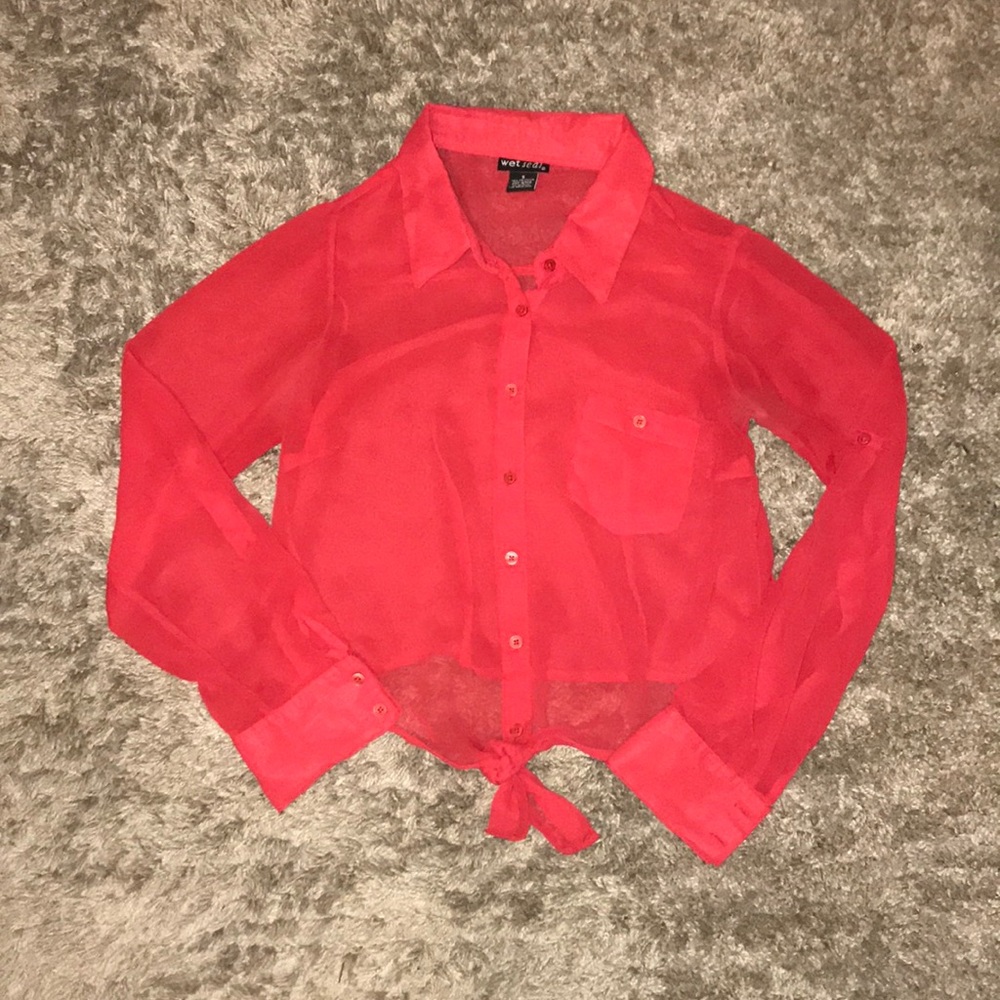 See through tie long sleeve crop top